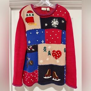 Vintage Patchwork Christmas Sweater - Red, Blue, Cream
